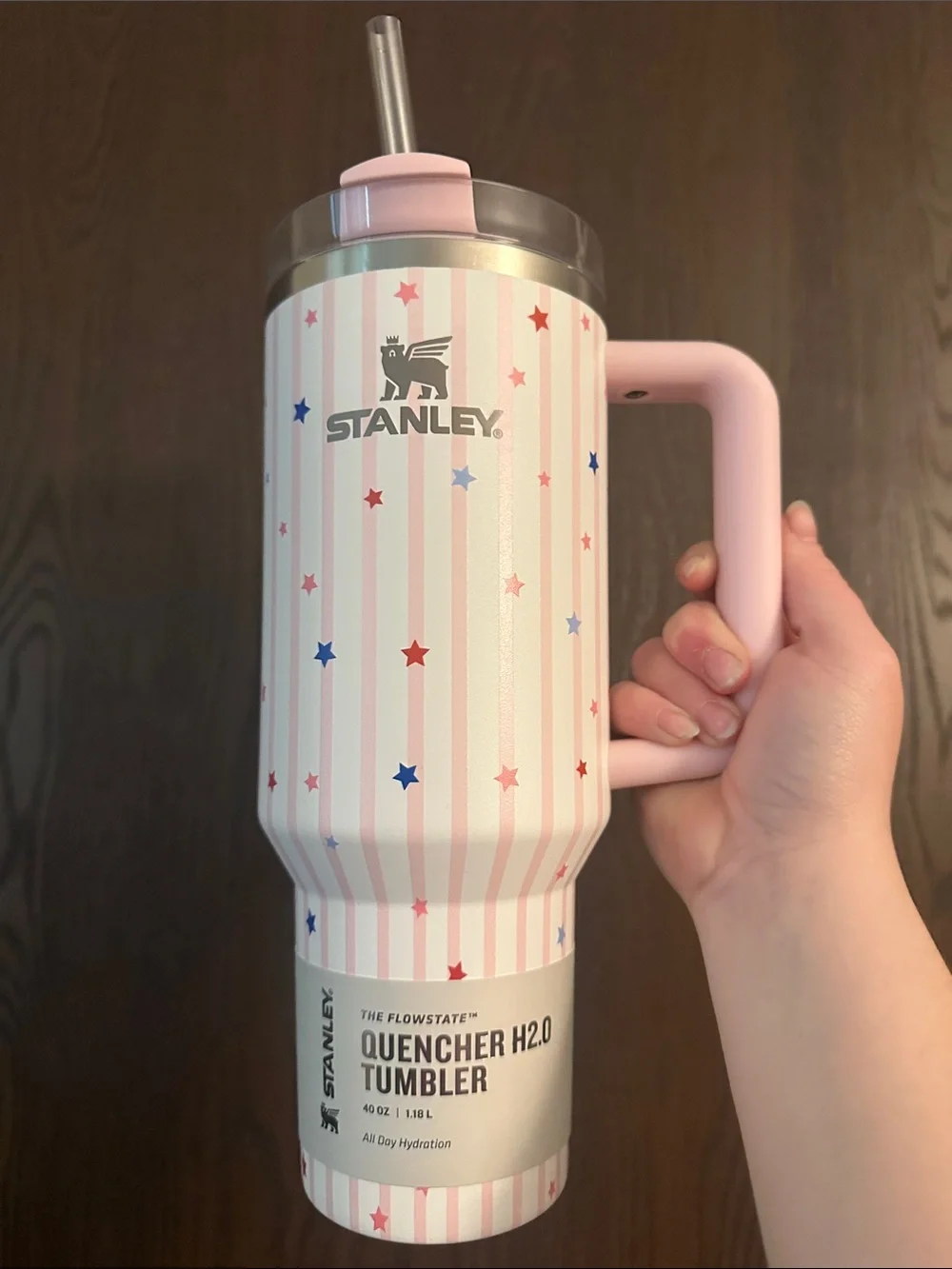 Stanley Pink Striped Tumbler with Red and Blue Stars - Picture 1 of 5